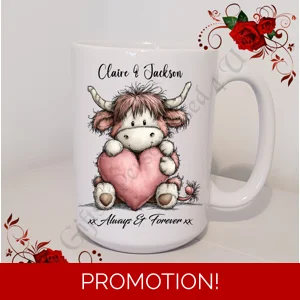 Personalised Mug 11oz & 15oz sizes - Valentine's Day / Love - Highland Cow - Names - D.10