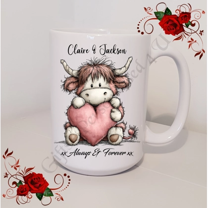 Personalised Mug 11oz & 15oz sizes - Valentine's Day / Love - Highland Cow - Names - D.10