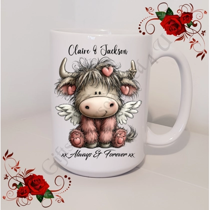 Personalised Mug 11oz & 15oz sizes - Valentine's Day / Love - Highland Cow - Names - D.11