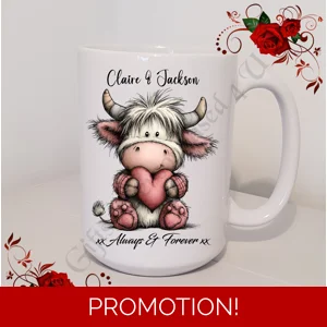 Personalised Mug 11oz & 15oz sizes - Valentine's Day / Love - Highland Cow - Names - D.12