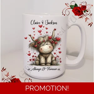 Personalised Mug 11oz & 15oz sizes - Valentine's Day / Love - Highland Cow - Names - D.1