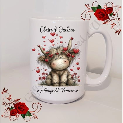 Personalised Mug 11oz & 15oz sizes - Valentine's Day / Love - Highland Cow - Names - D.1