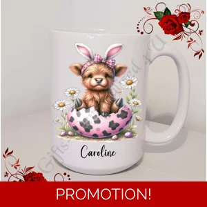 Personalised Mug 11oz & 15oz sizes - Easter - Highland Cow - Name - D.1