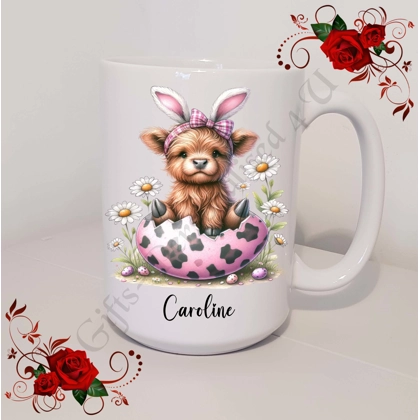 Personalised Mug 11oz & 15oz sizes - Easter - Highland Cow - Name - D.1