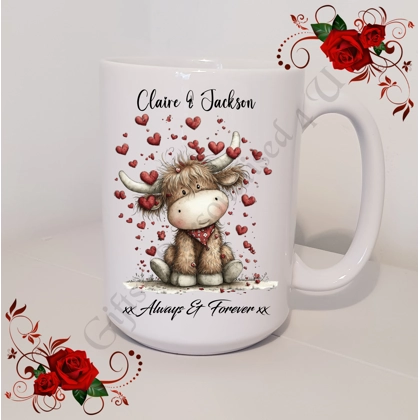 Personalised Mug 11oz & 15oz sizes - Valentine's Day / Love - Highland Cow - Names - D.2