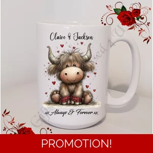 Personalised Mug 11oz & 15oz sizes - Valentine's Day / Love - Highland Cow - Names - D.3