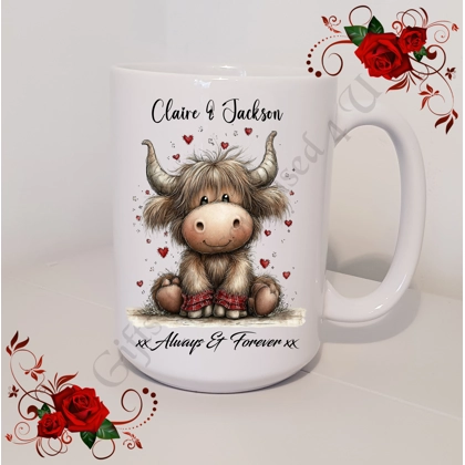 Personalised Mug 11oz & 15oz sizes - Valentine's Day / Love - Highland Cow - Names - D.3