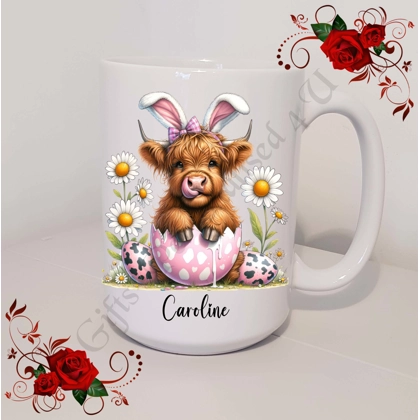 Personalised Mug 11oz & 15oz sizes - Easter - Highland Cow - Name - D.3