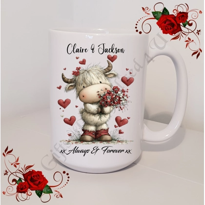 Personalised Mug 11oz & 15oz sizes - Valentine's Day / Love - Highland Cow - Names - D.4