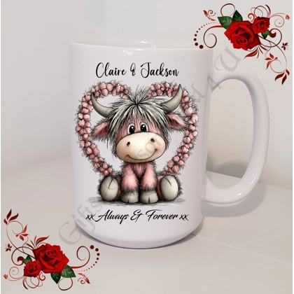 Personalised Mug 11oz & 15oz sizes - Valentine's Day / Love - Highland Cow - Names - D.5
