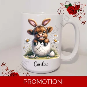 Personalised Mug 11oz & 15oz sizes - Easter - Highland Cow - Name - D.5