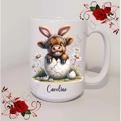 Personalised Mug 11oz & 15oz sizes - Easter - Highland Cow - Name - D.5
