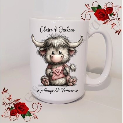 Personalised Mug 11oz & 15oz sizes - Valentine's Day / Love - Highland Cow - Names - D.6