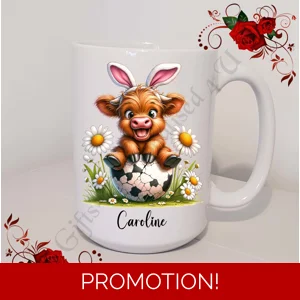 Personalised Mug 11oz & 15oz sizes - Easter - Highland Cow - Name - D.6