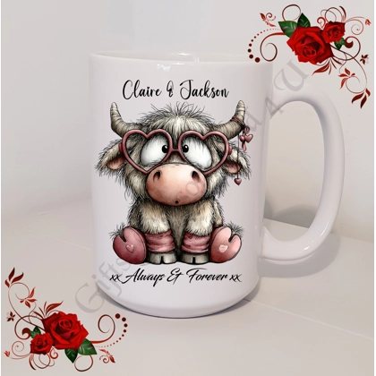 Personalised Mug 11oz & 15oz sizes - Valentine's Day / Love - Highland Cow - Names - D.7