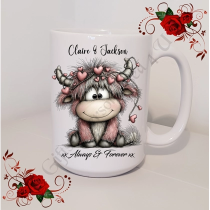Personalised Mug 11oz & 15oz sizes - Valentine's Day / Love - Highland Cow - Names - D.8