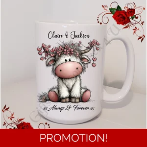 Personalised Mug 11oz & 15oz sizes - Valentine's Day / Love - Highland Cow - Names - D.9