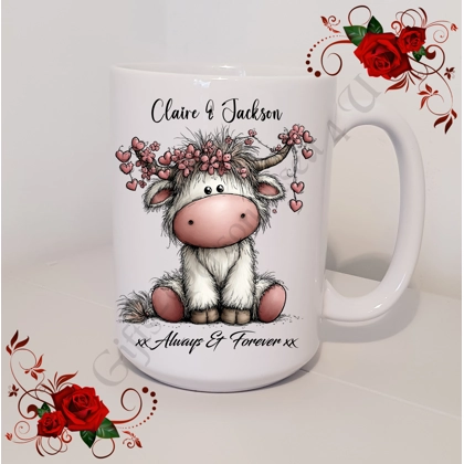 Personalised Mug 11oz & 15oz sizes - Valentine's Day / Love - Highland Cow - Names - D.9