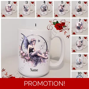 Personalised Mug 11oz & 15oz Sizes - Cute Gothic Fairy - Name - Designs 1-10