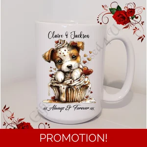 Personalised Mug 11oz & 15oz sizes - Valentine's Day / Love - Dog & Hearts - Names - D.1