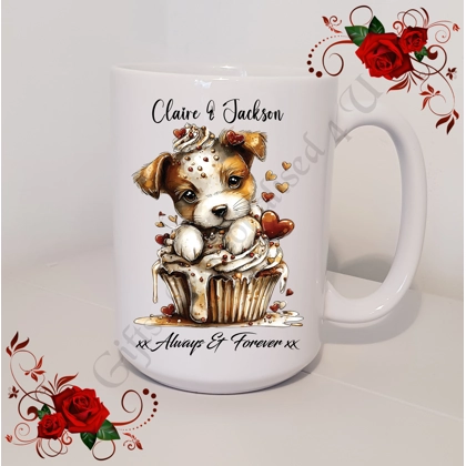 Personalised Mug 11oz & 15oz sizes - Valentine's Day / Love - Dog & Hearts - Names - D.1