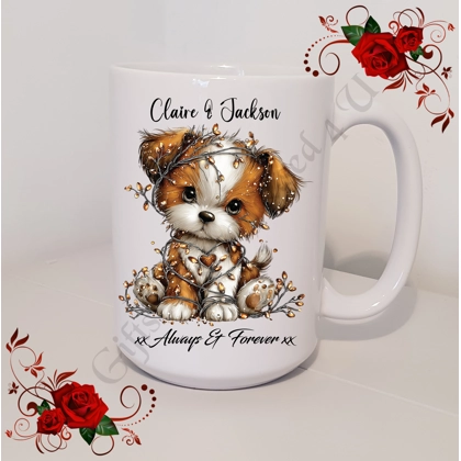 Personalised Mug 11oz & 15oz sizes - Valentine's Day / Love - Dog & Hearts - Names - D.2