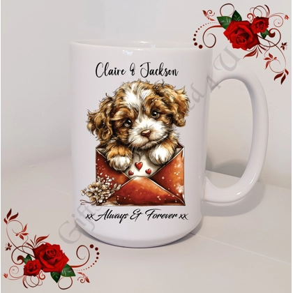 Personalised Mug 11oz & 15oz sizes - Valentine's Day / Love - Dog & Hearts - Names - D.3