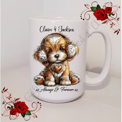 Personalised Mug 11oz & 15oz sizes - Valentine's Day / Love - Dog & Hearts - Names - D.4