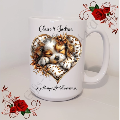 Personalised Mug 11oz & 15oz sizes - Valentine's Day / Love - Dog & Hearts - Names - D.5