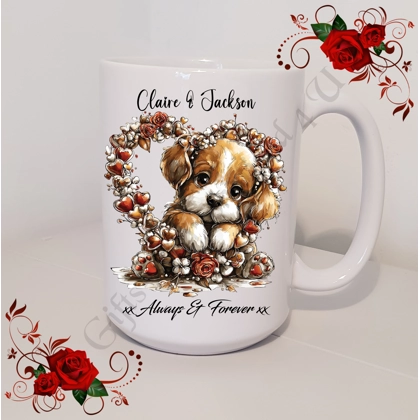 Personalised Mug 11oz & 15oz sizes - Valentine's Day / Love - Dog & Hearts - Names - D.6