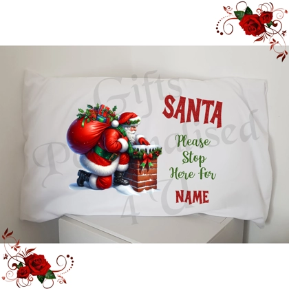 Personalised Pillowcase - Christmas - Santa Please Stop Here For Name - D.2