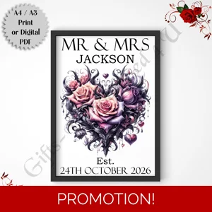 A4 or A3 Print or Digital Download - Personalised Gothic Wedding - Mr & Mrs/Mr & Mr/Mrs & Mrs - D.8
