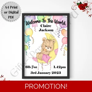 A4 Print or Digital Download -Personalised Baby / Newborn - Moon Bear - D.1