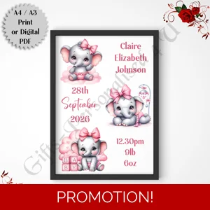 A4 or A3 Print or Digital Download - Personalised Nursery Wall Art - Baby / Newborn Elephants - D.1