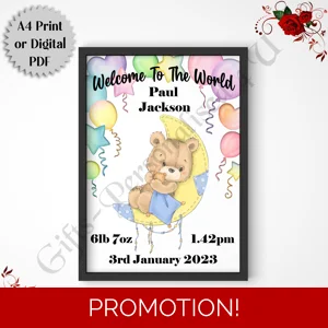 A4 Print or Digital Download -Personalised Baby / Newborn - Moon Bear - D.2