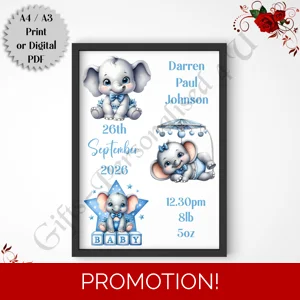 A4 or A3 Print or Digital Download - Personalised Nursery Wall Art - Baby / Newborn Elephants - D.2