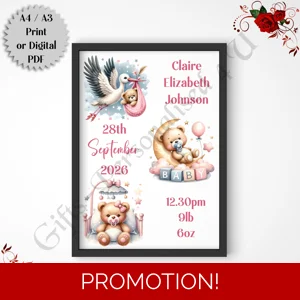 A4 or A3 Print or Digital Download - Personalised Nursery Wall Art - Baby / Newborn - Bears - D.3