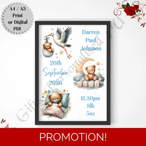 A4 or A3 Print or Digital Download - Personalised Nursery Wall Art - Baby / Newborn - Bears - D.4