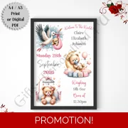 A4 or A3 Print or Digital Download - Personalised Nursery Wall Art - Baby / Newborn - Bears - D.5