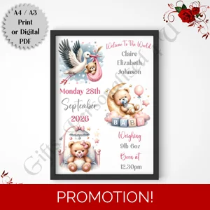 A4 or A3 Print or Digital Download - Personalised Nursery Wall Art - Baby / Newborn - Bears - D.5