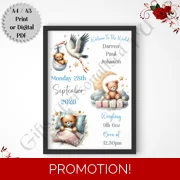 A4 or A3 Print or Digital Download - Personalised Nursery Wall Art - Baby / Newborn - Bears - D.6