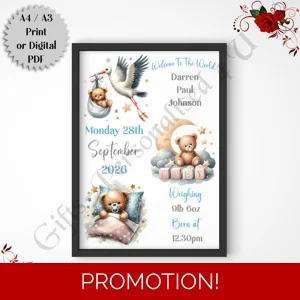 A4 or A3 Print or Digital Download - Personalised Nursery Wall Art - Baby / Newborn - Bears - D.6