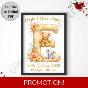 A4 Print or Digital Download - Personalised Nursery Wall Art - Baby / Newborn - Initial - D.110