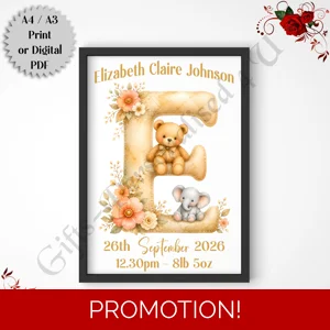 A4 or A3 Print or Digital Download - Personalised Nursery Wall Art - Baby / Newborn  Initial - D.110