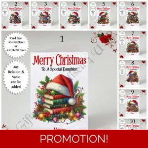 A5 or A4 Personalised Card - Merry Christmas - Book Lover - Any Relation & Name - D.1-10