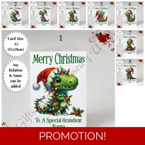 A5 or A4 Personalised Card - Merry Christmas - Dinosaur - Any Relation & Name - D.1-8