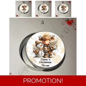 Personalised Metal Storage Tin - Christmas Highland Cow - Name or Relations Christmas Treats - D.5-8