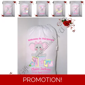 Personalised Small / Large Drawstring Bag – Gift Sack – Newborn Baby – Designs 1-5