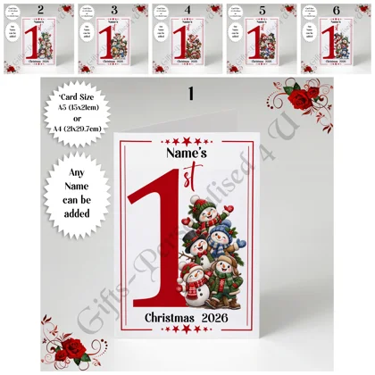 A5 or A4 Personalised Card - Snowmen - Name's 1st Christmas - D.1-6