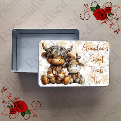 Personalised Metal Storage Tin - Christmas Highland Cow  - Name or Relations Sweet Treats Tin - D.1